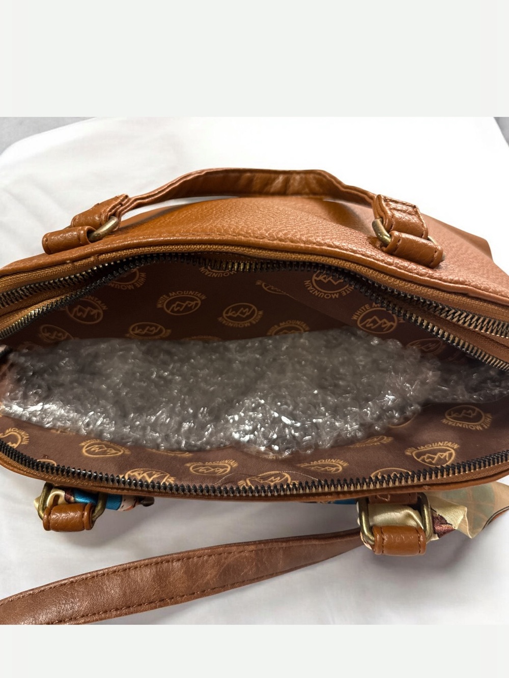 White Mountain Brown Crossbody Satchel with printed scarf - Picture 5 of 8